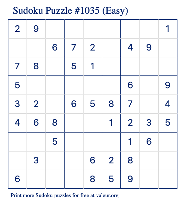 Free Printable Easy Sudoku Puzzle number 1035