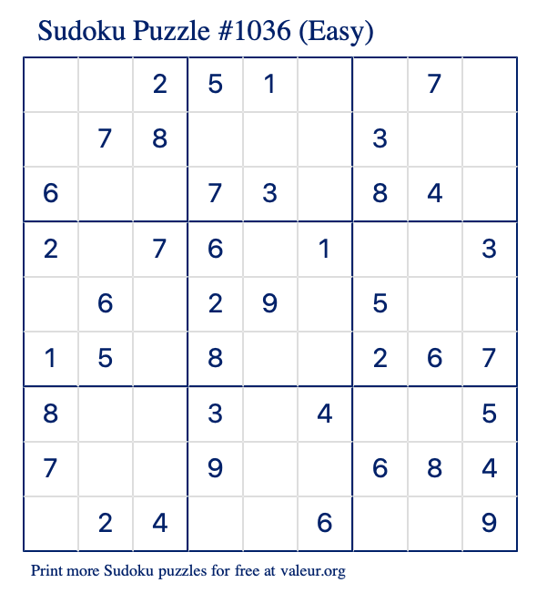 Free Printable Easy Sudoku Puzzle number 1036