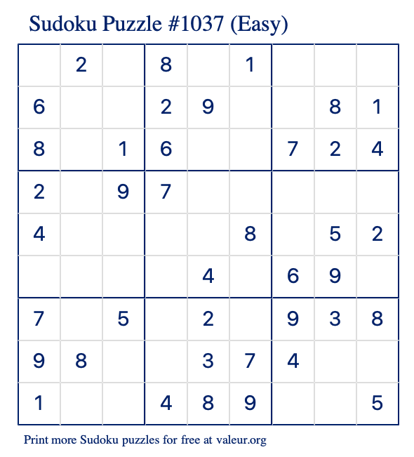 Free Printable Easy Sudoku Puzzle number 1037