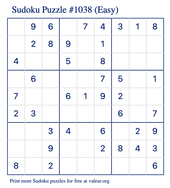 Free Printable Easy Sudoku Puzzle number 1038