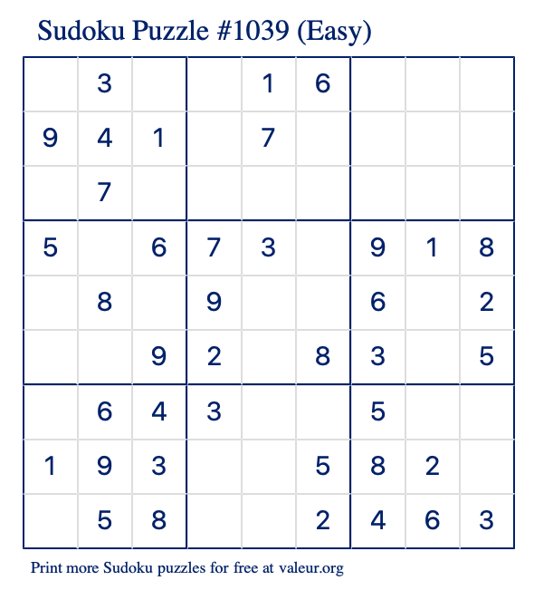 Free Printable Easy Sudoku Puzzle number 1039