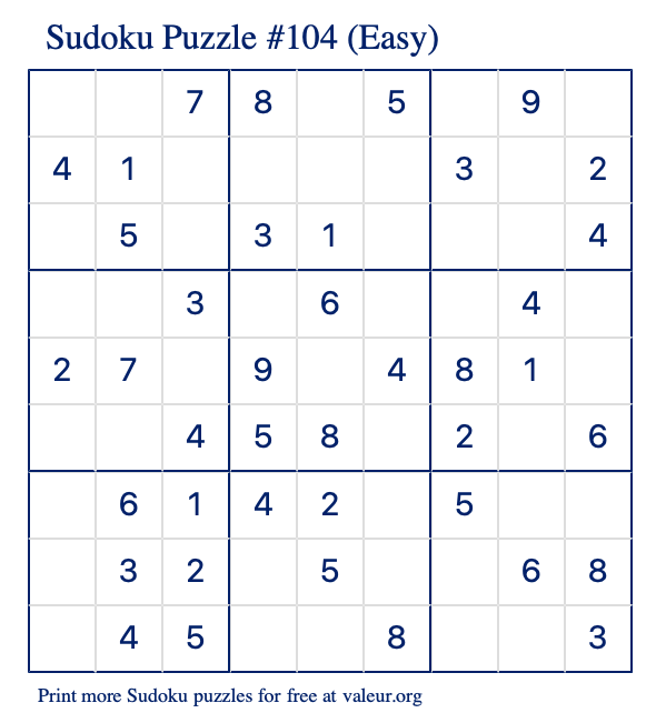 Free Printable Easy Sudoku Puzzle number 104