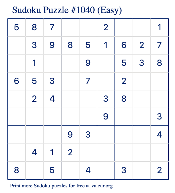 Free Printable Easy Sudoku Puzzle number 1040