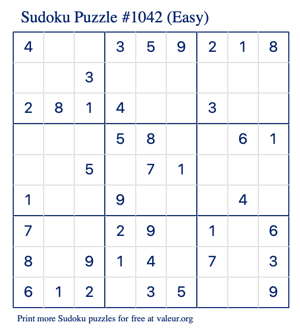 Free Printable Easy Sudoku Puzzle number 1042