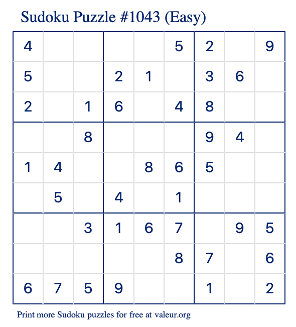 Free Printable Easy Sudoku Puzzle number 1043