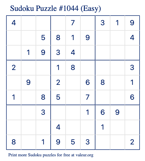 Free Printable Easy Sudoku Puzzle number 1044