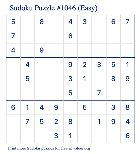 Free Printable Easy Sudoku Puzzle number 1046