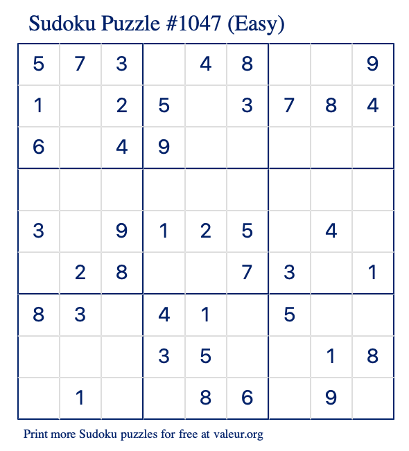 Free Printable Easy Sudoku Puzzle number 1047