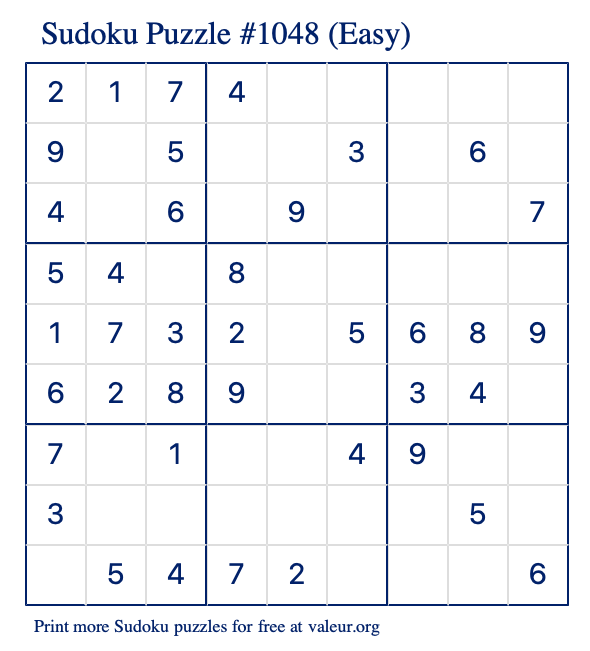 Free Printable Easy Sudoku Puzzle number 1048