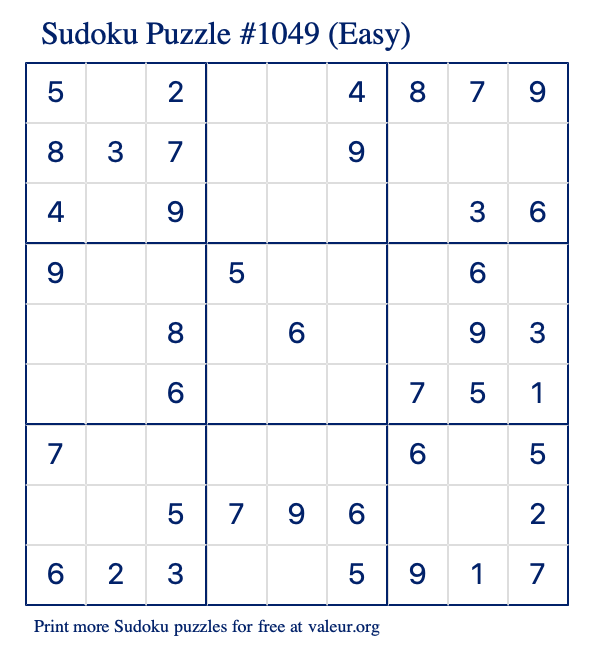 Free Printable Easy Sudoku Puzzle number 1049