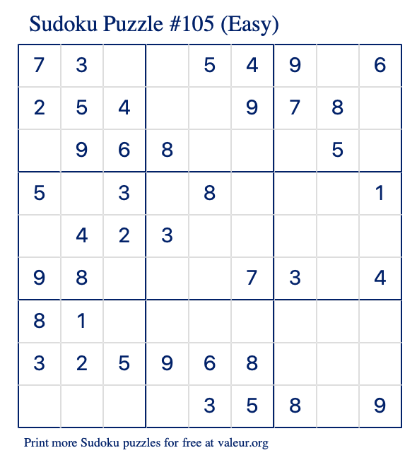 Free Printable Easy Sudoku Puzzle number 105