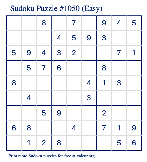 Free Printable Easy Sudoku Puzzle number 1050