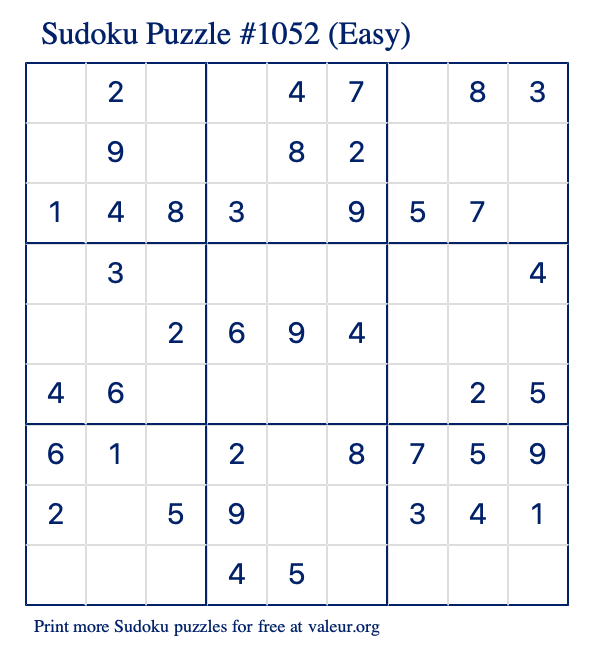 Free Printable Easy Sudoku Puzzle number 1052