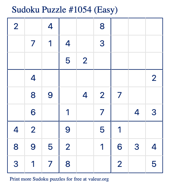 Free Printable Easy Sudoku Puzzle number 1054