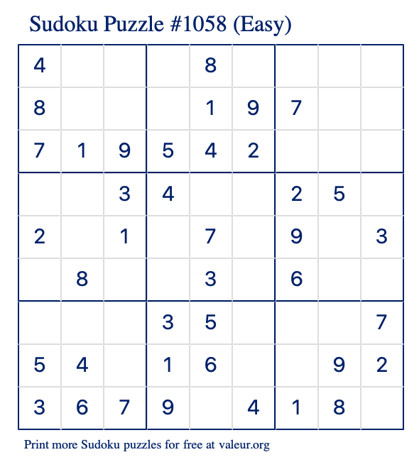 Free Printable Easy Sudoku Puzzle number 1058