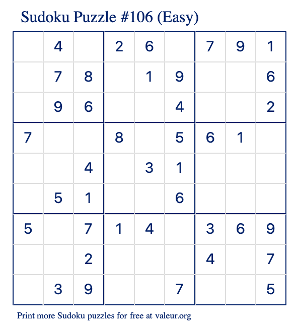 Free Printable Easy Sudoku Puzzle number 106