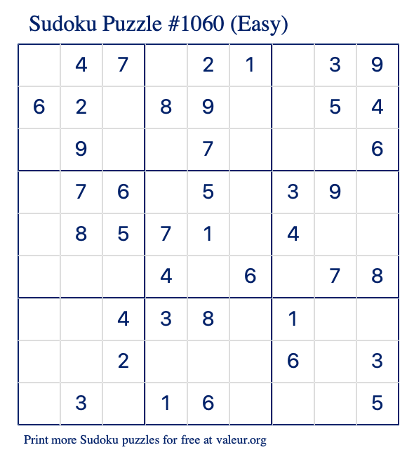 Free Printable Easy Sudoku Puzzle number 1060