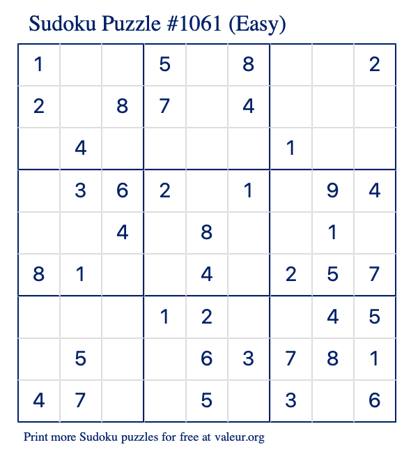 Free Printable Easy Sudoku Puzzle number 1061