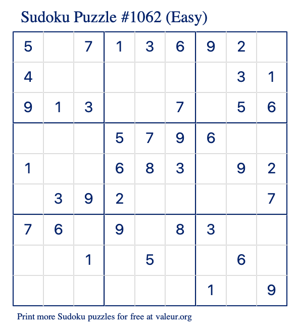 Free Printable Easy Sudoku Puzzle number 1062