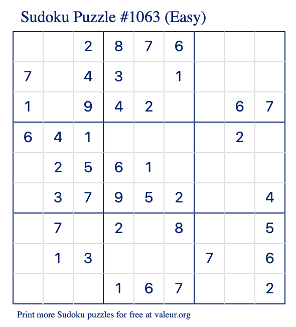 Free Printable Easy Sudoku Puzzle number 1063