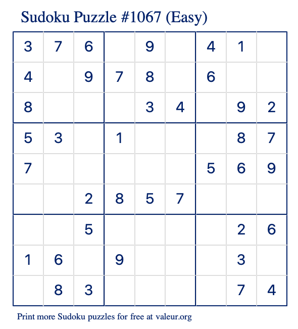 Free Printable Easy Sudoku Puzzle number 1067