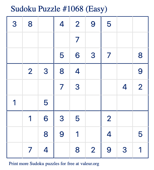 Free Printable Easy Sudoku Puzzle number 1068