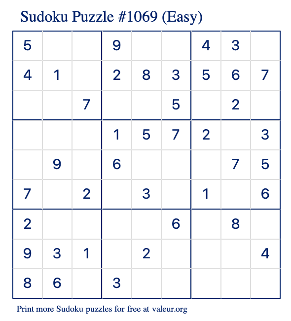 Free Printable Easy Sudoku Puzzle number 1069