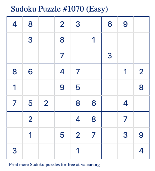 Free Printable Easy Sudoku Puzzle number 1070