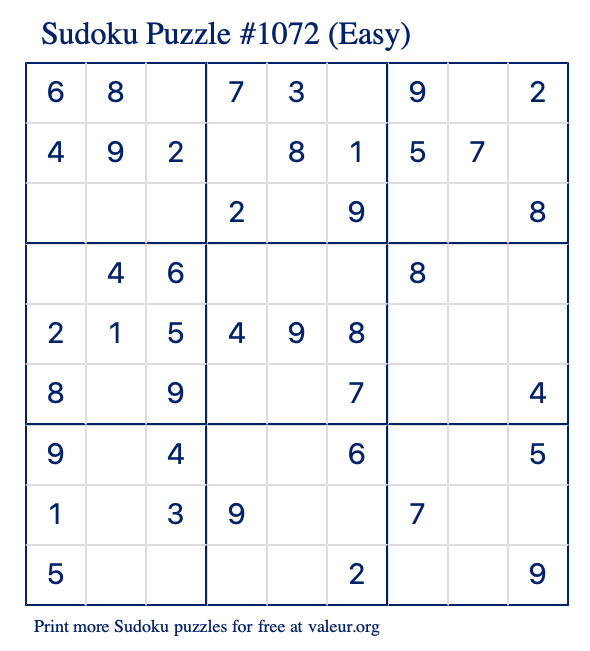 Free Printable Easy Sudoku Puzzle number 1072