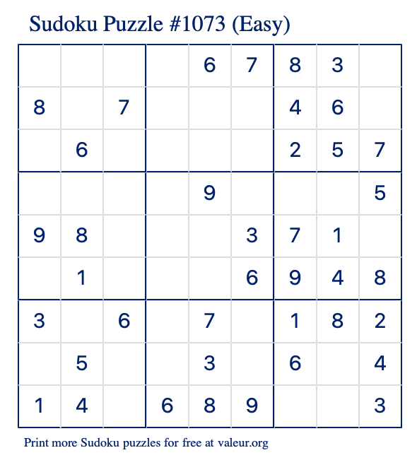 Free Printable Easy Sudoku Puzzle number 1073