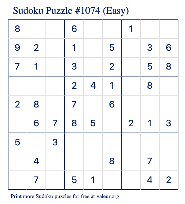 Free Printable Easy Sudoku Puzzle number 1074