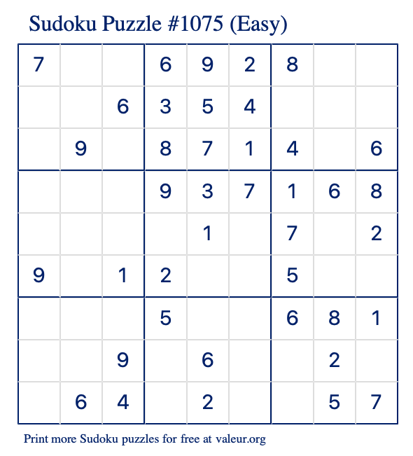 Free Printable Easy Sudoku Puzzle number 1075