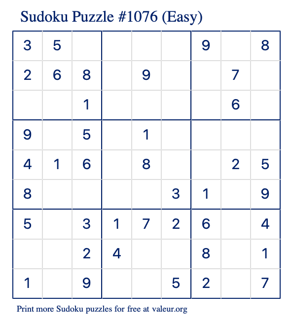 Free Printable Easy Sudoku Puzzle number 1076