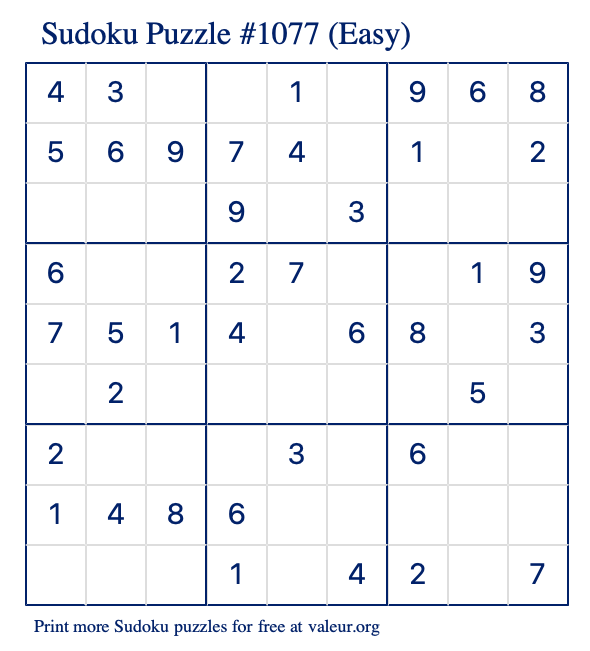 Free Printable Easy Sudoku Puzzle number 1077