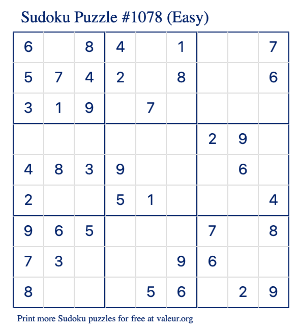 Free Printable Easy Sudoku Puzzle number 1078