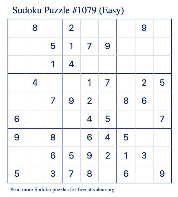 Free Printable Easy Sudoku Puzzle number 1079