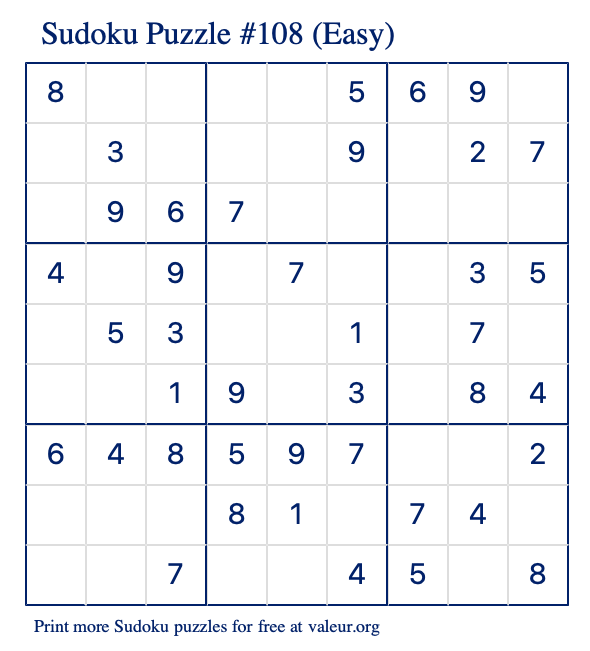 Free Printable Easy Sudoku Puzzle number 108