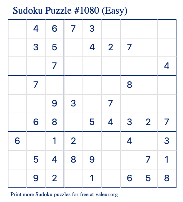 Free Printable Easy Sudoku Puzzle number 1080