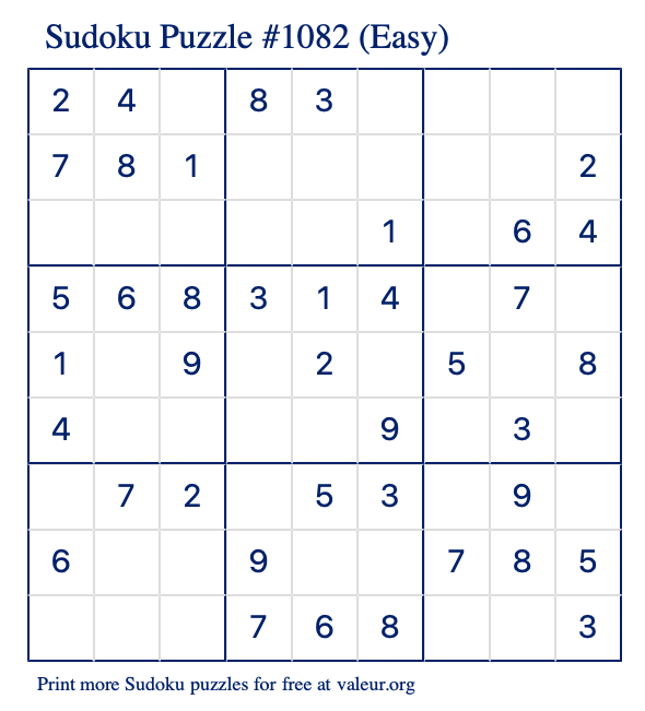 Free Printable Easy Sudoku Puzzle number 1082