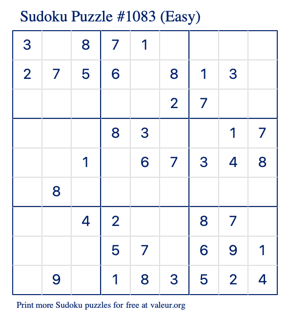 Free Printable Easy Sudoku Puzzle number 1083