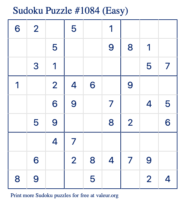 Free Printable Easy Sudoku Puzzle number 1084