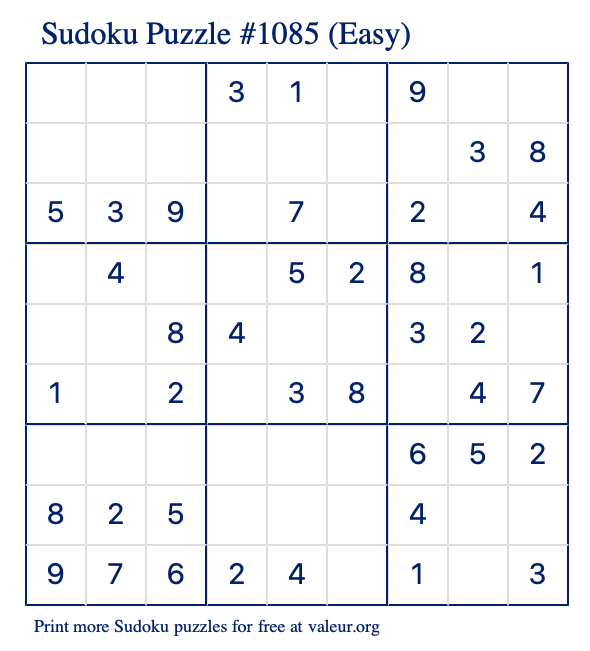 Free Printable Easy Sudoku Puzzle number 1085