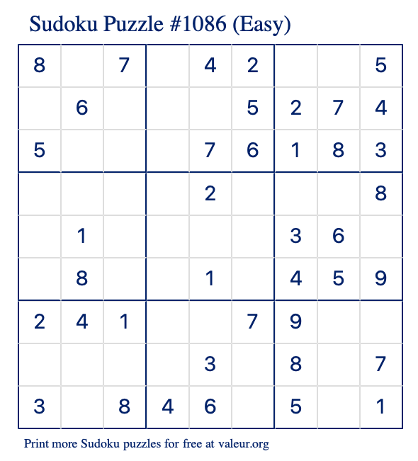 Free Printable Easy Sudoku Puzzle number 1086