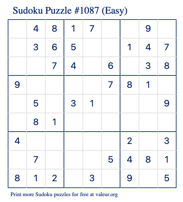 Free Printable Easy Sudoku Puzzle number 1087