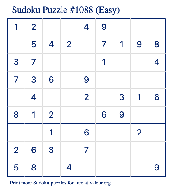 Free Printable Easy Sudoku Puzzle number 1088