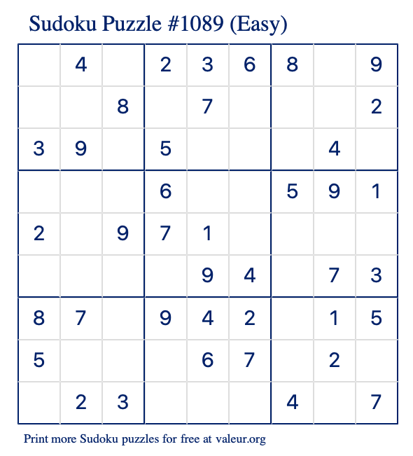 Free Printable Easy Sudoku Puzzle number 1089