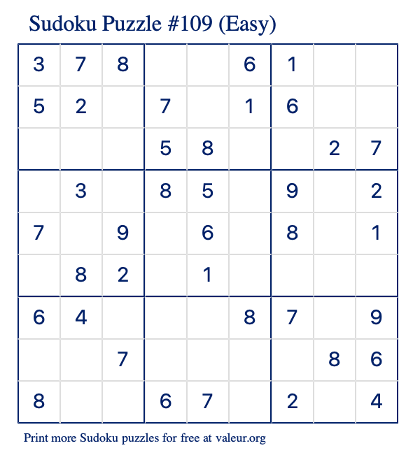 Free Printable Easy Sudoku Puzzle number 109