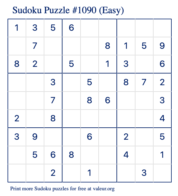 Free Printable Easy Sudoku Puzzle number 1090