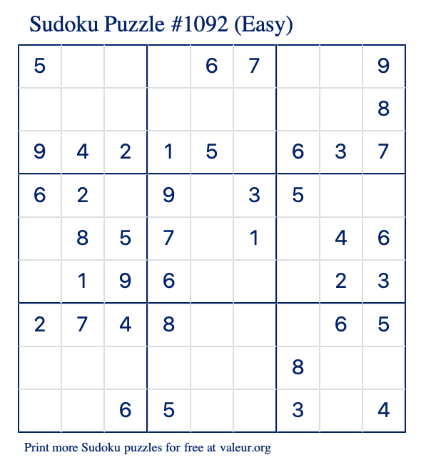 Free Printable Easy Sudoku Puzzle number 1092