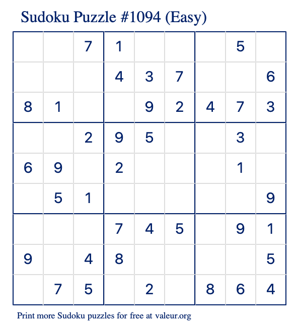 Free Printable Easy Sudoku Puzzle number 1094